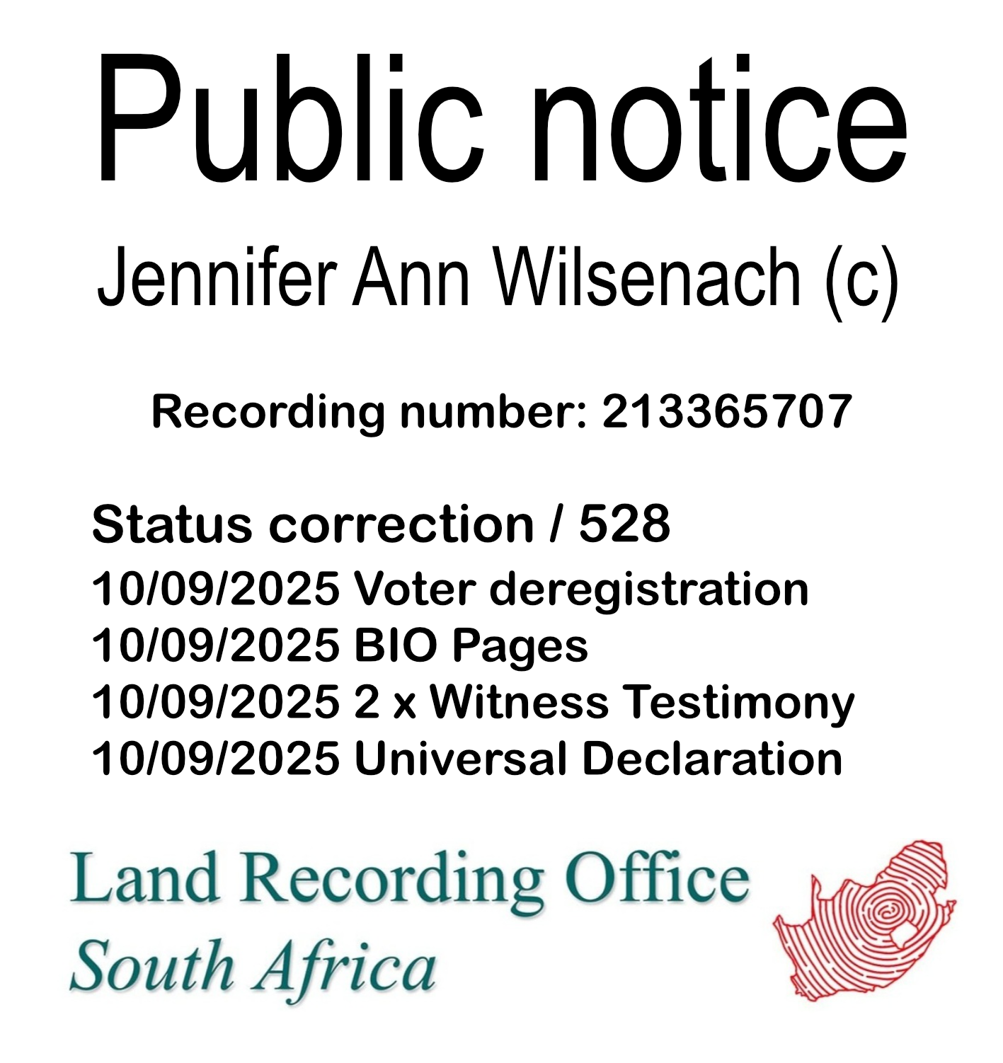 Public Notice Jennifer Ann Wilsenach Recording Number 213365707